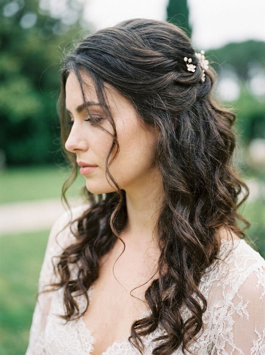 Half-Up Locken mit weicher Krone - Locken Frisuren Hochzeit